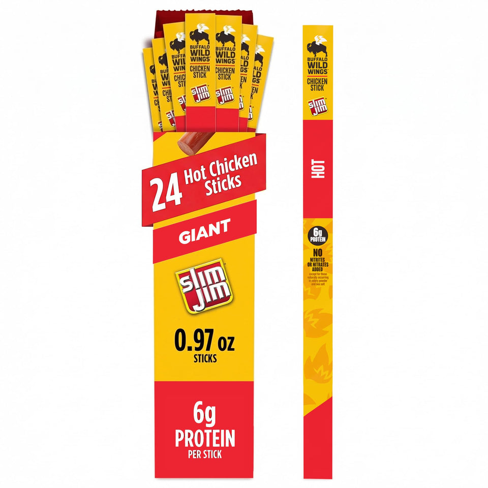 Slim Jim Buffalo Wild Wings Hot chicken sticks 24-pack package for on-the-go protein.
