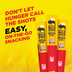 Individually wrapped Slim Jim Buffalo Wild Wings Hot chicken sticks for portable snacking.