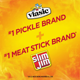 Close-up of Slim Jim Giant Dill Pickle stick with bold flavor.