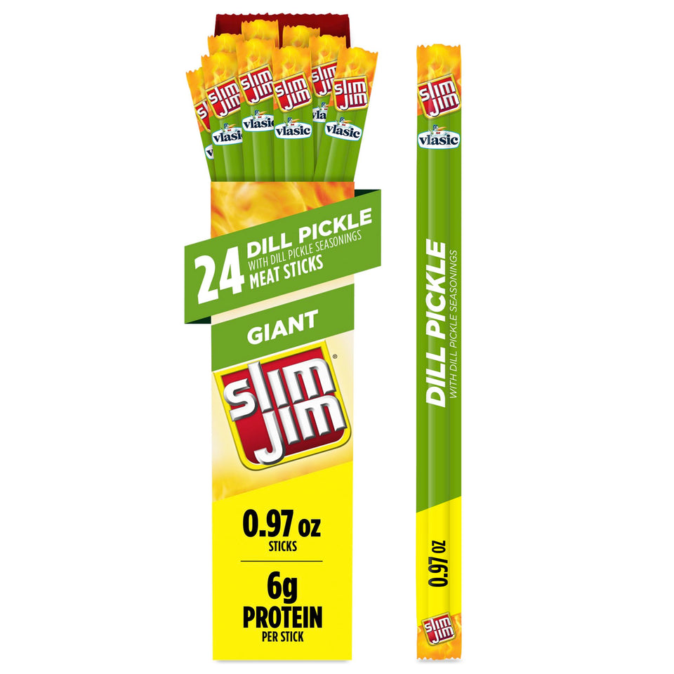 Slim Jim Giant Dill Pickle sticks in packaging for on-the-go snacking.