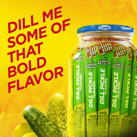 Giant dill pickle Slim Jim showing smoked meat texture.