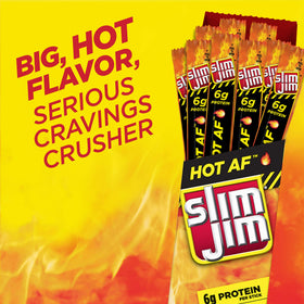 Slim Jim Giant Hot AF box open revealing 24 sticks for on-the-go snacking