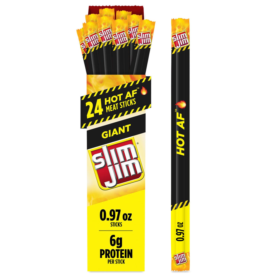 Slim Jim Giant Hot AF packaging front for quick spicy protein