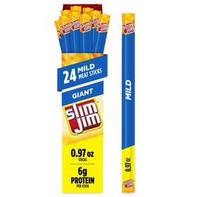 Slim Jim Giant Mild Flavor pack front shows bold smoked meat sticks for on-the-go protein.