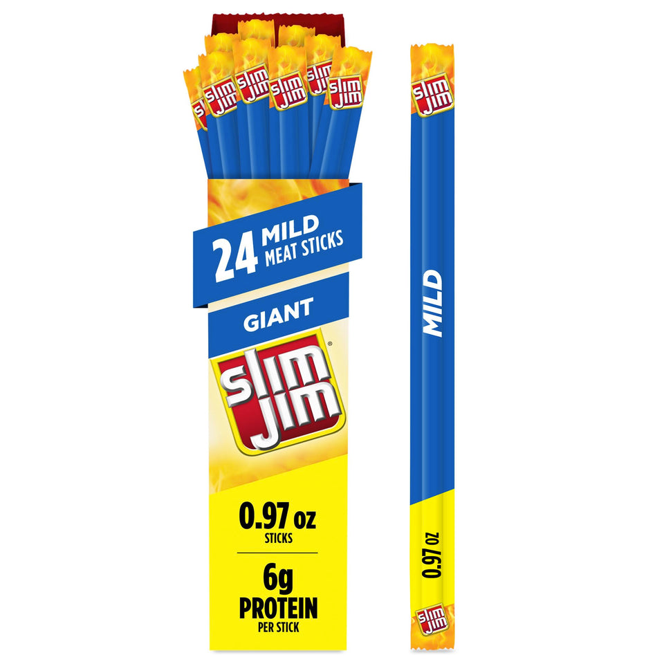 Slim Jim Giant Mild Flavor pack front shows bold smoked meat sticks for on-the-go protein.