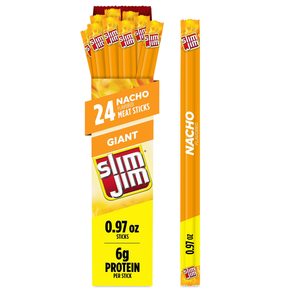 Slim Jim Giant Nacho Flavor box shown for on-the-go protein snacking.