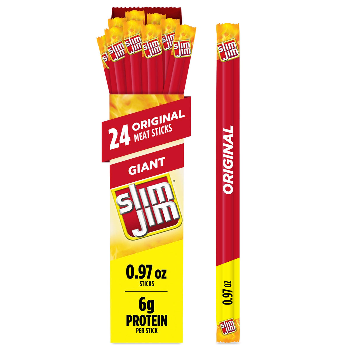 Slim Jim Giant Original smoked meat stick in isolation for on-the-go protein