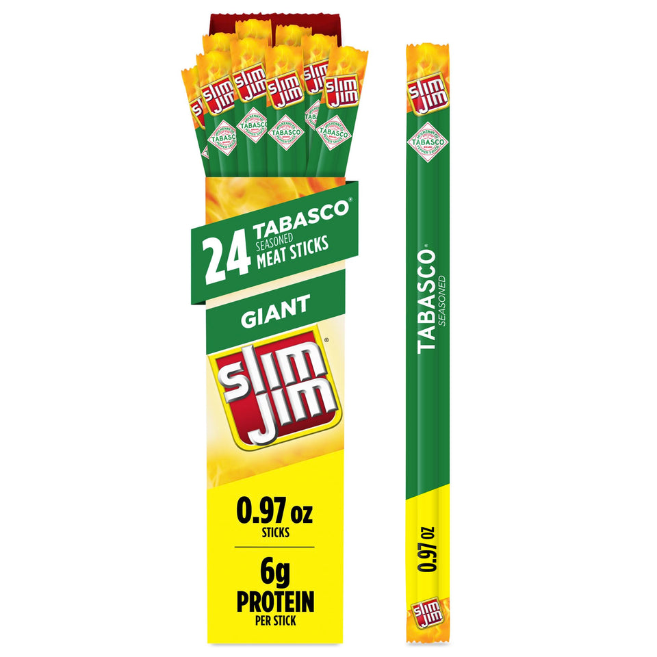 Slim Jim Giant Tabasco smoked meat stick box ready for on-the-go snacking.