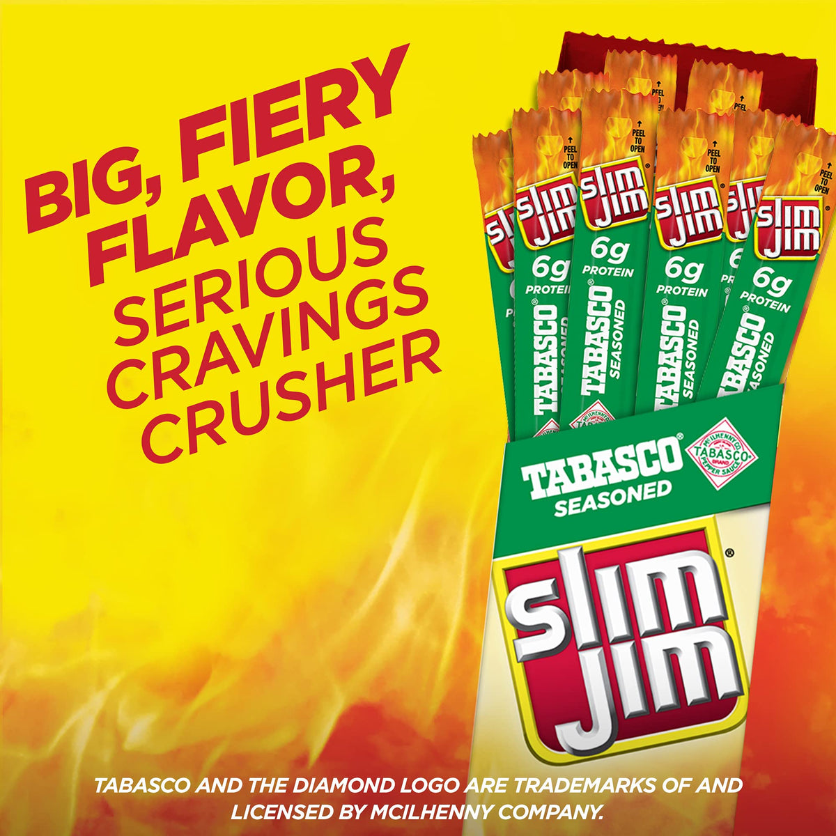 Slim Jim Giant Tabasco smoked meat stick close-up showing bold seasoning.
