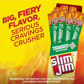 Slim Jim Giant Tabasco smoked meat stick close-up showing bold seasoning.