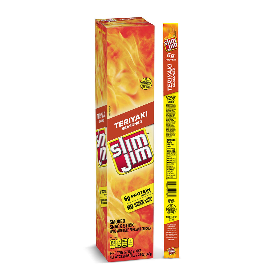 Slim Jim Giant Teriyaki sticks pack offers on-the-go protein snacking.