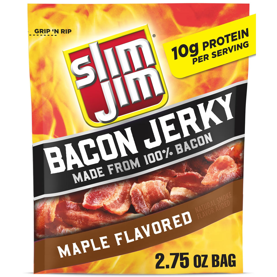 Slim Jim Maple Bacon Jerky eight-pack in a resealable bag, ideal for on-the-go snacking.