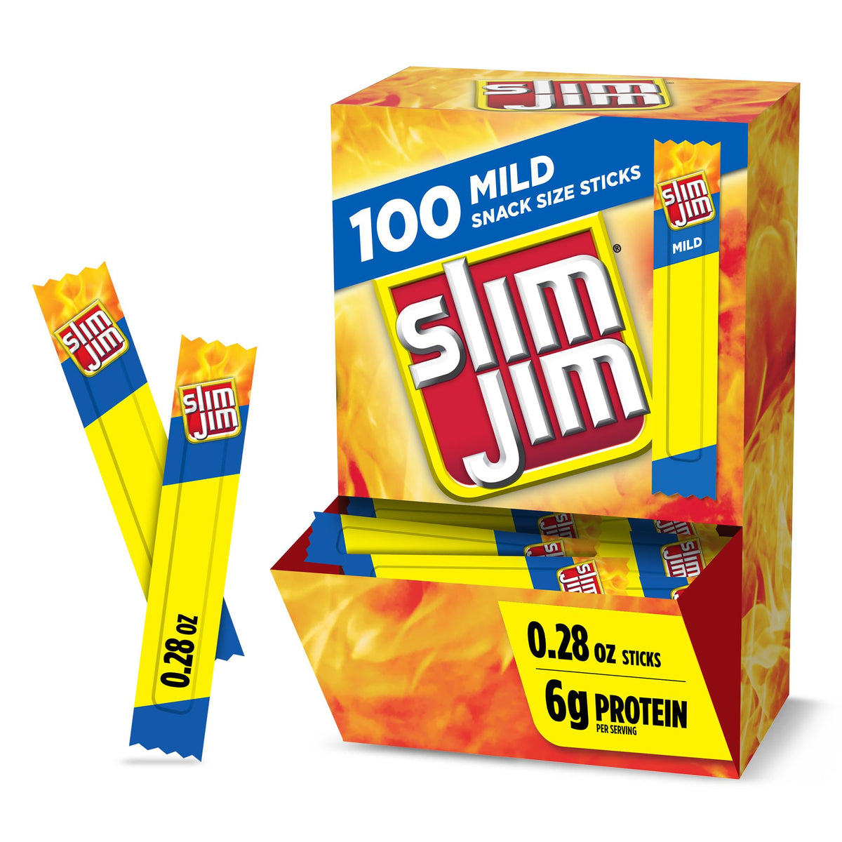 Slim Jim Mild Snack Sticks box 100-count delivers bold smoky flavor for quick, satisfying snacking.