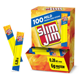 Slim Jim Mild Snack Sticks box 100-count delivers bold smoky flavor for quick, satisfying snacking.