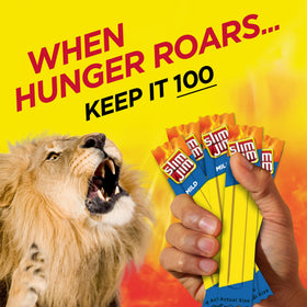 Slim Jim single-stick closeup showcases sturdy, bite-size texture ideal for busy days.