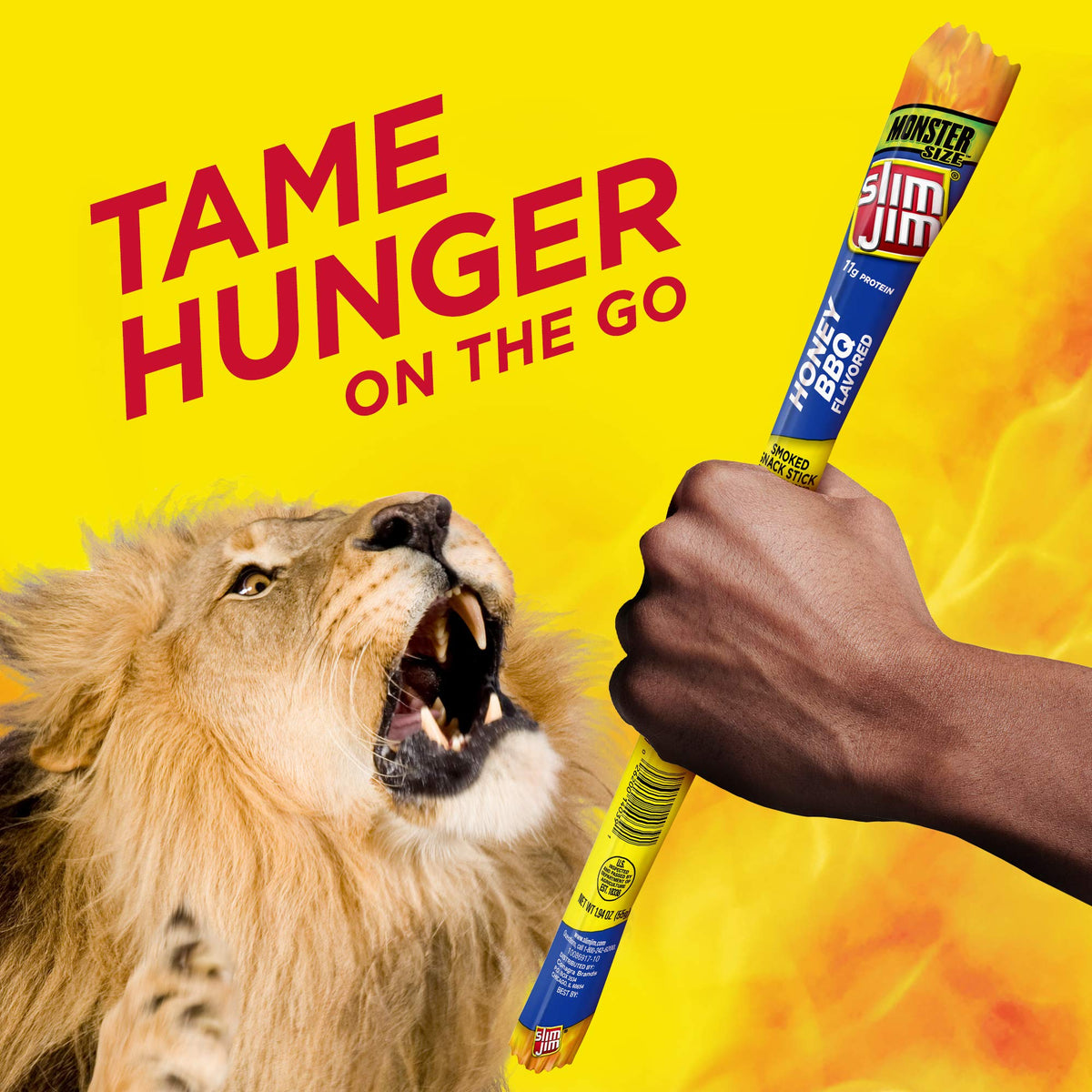 Slim Jim Monster Honey BBQ bite-shot, intense flavor in every chew.