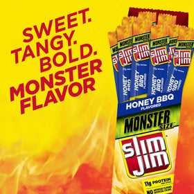 Slim Jim Monster Honey BBQ closeup-texture, savory beef with smoky sweetness.