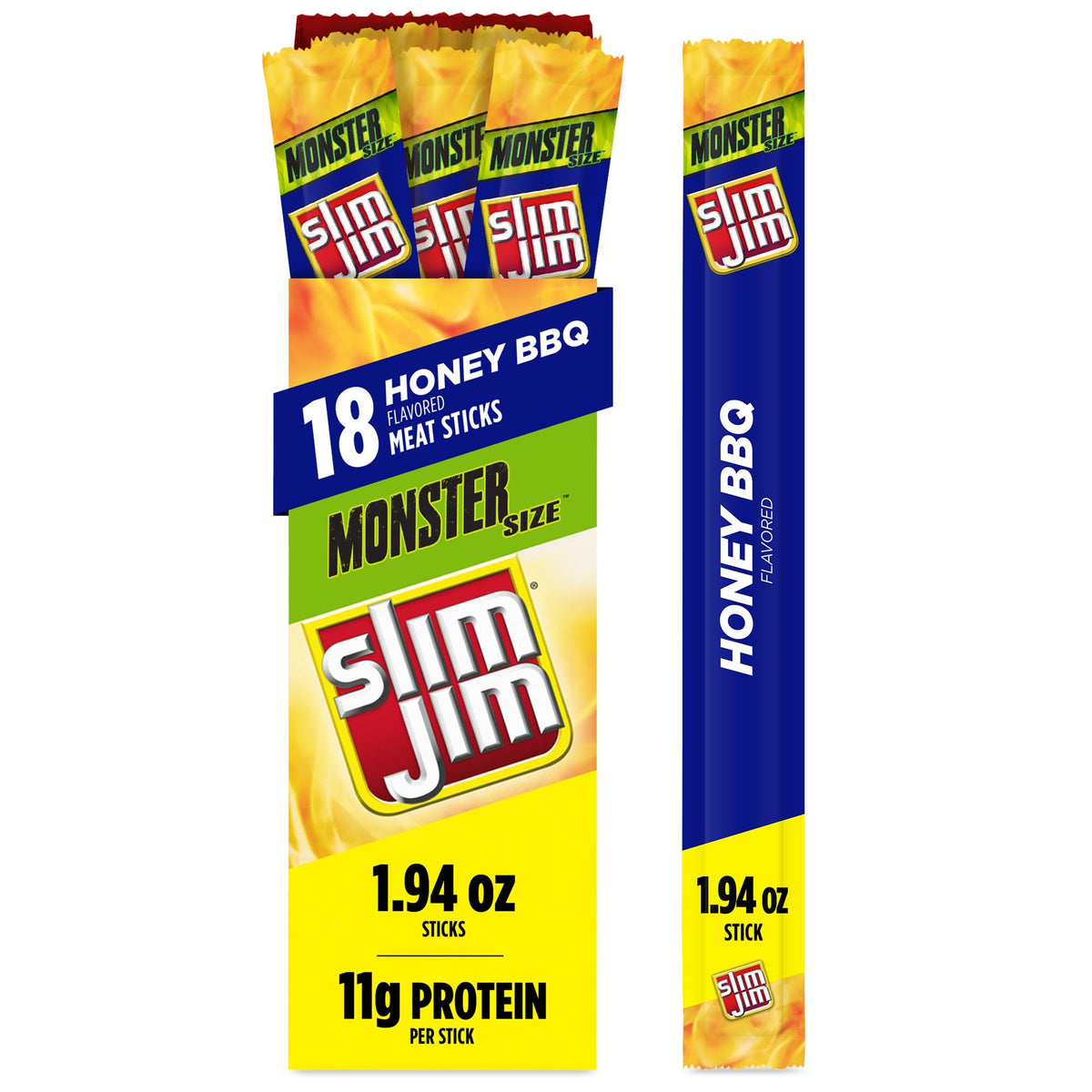 Slim Jim Monster Honey BBQ pack-front, bold protein snack for on-the-go moments.