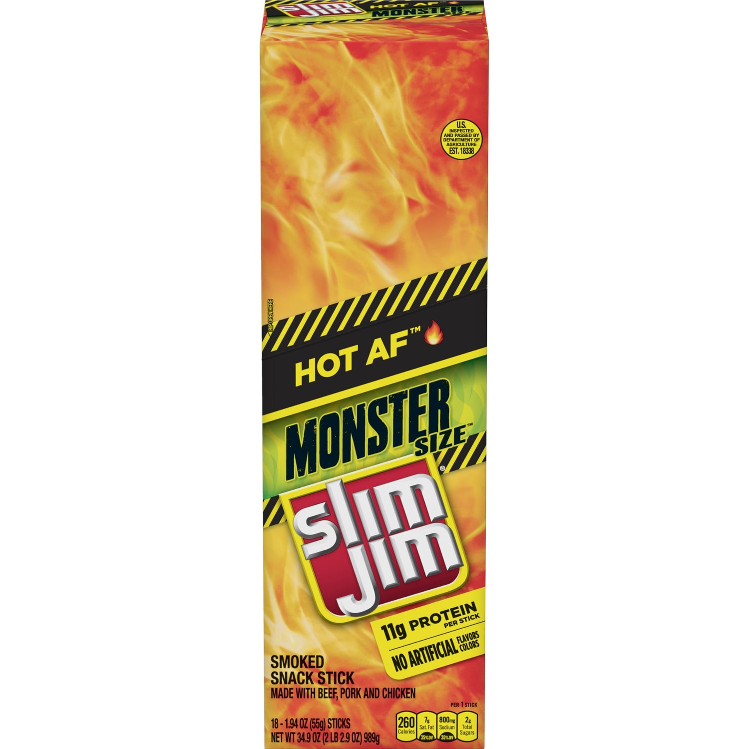 Slim Jim Monster Hot AF box front shows an 18-count display for convenient pantry snacks.