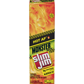 Slim Jim Monster Hot AF box front shows an 18-count display for convenient pantry snacks.