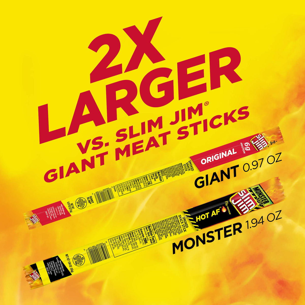 Slim Jim Monster Hot AF stick closeup reveals spicy seasoning for bold snacking.
