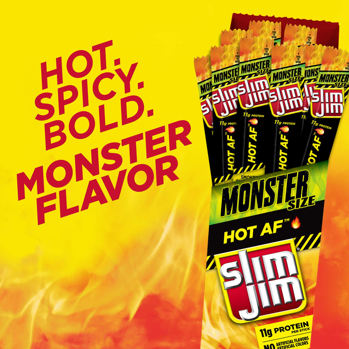 Slim Jim Monster Hot AF wrapped sticks highlight grab-and-go protein.