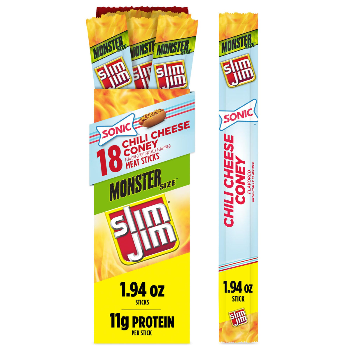 Slim Jim Monster Size Sonic Chili Cheese Coney box on shelf