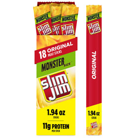 Slim Jim Monster Smoked Meat Sticks box front, Original flavor, bold snacking