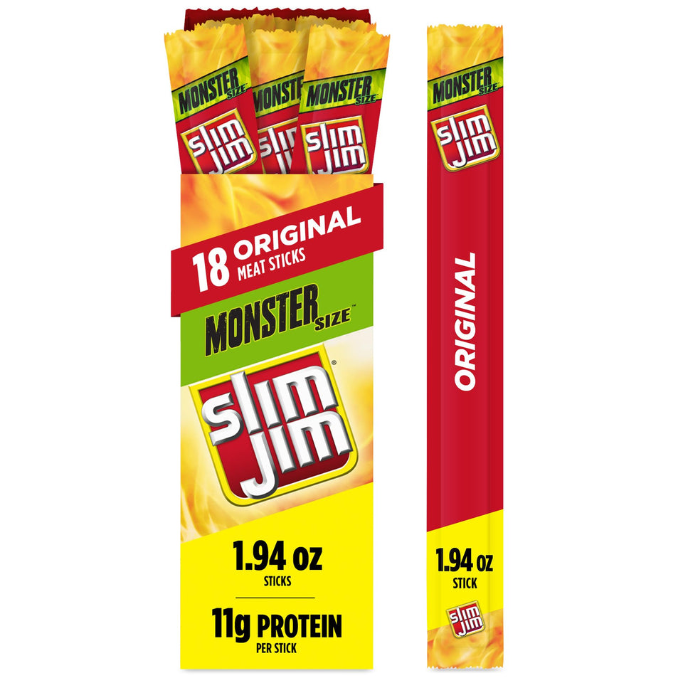Slim Jim Monster Smoked Meat Sticks box front, Original flavor, bold snacking