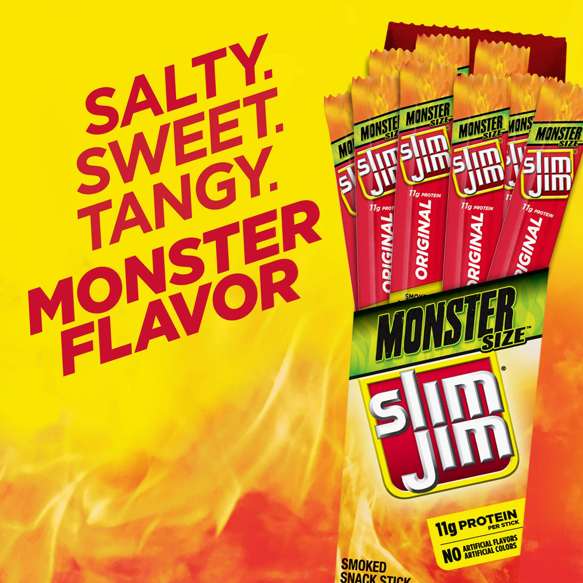 Slim Jim Monster Smoked Meat Sticks packaging detail, 18-stick box for on-the-go