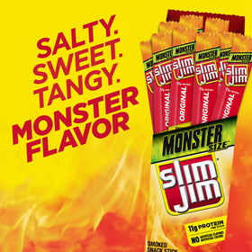 Slim Jim Monster Smoked Meat Sticks packaging detail, 18-stick box for on-the-go