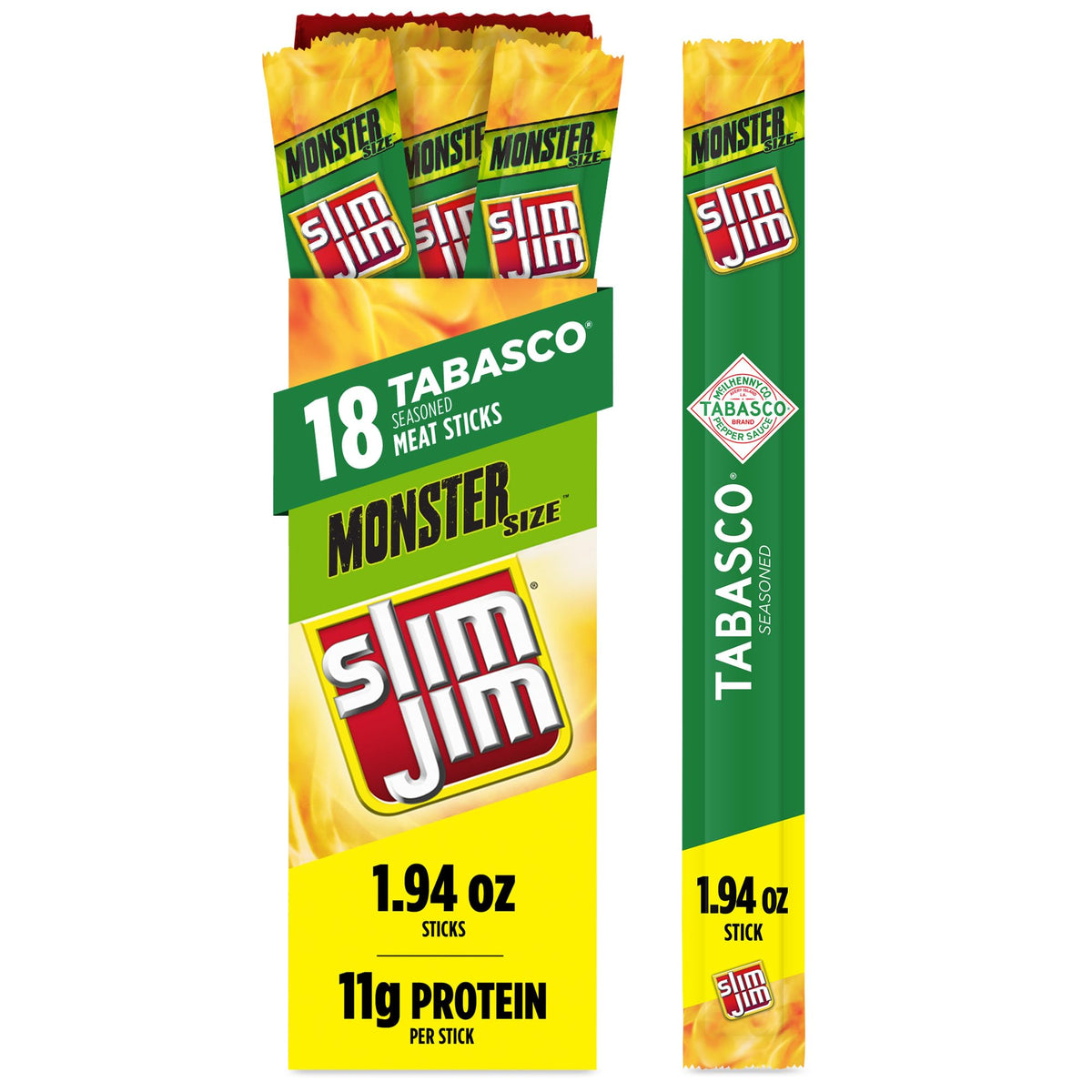 Slim Jim Monster Tabasco box displaying 18 sticks for on-the-go protein