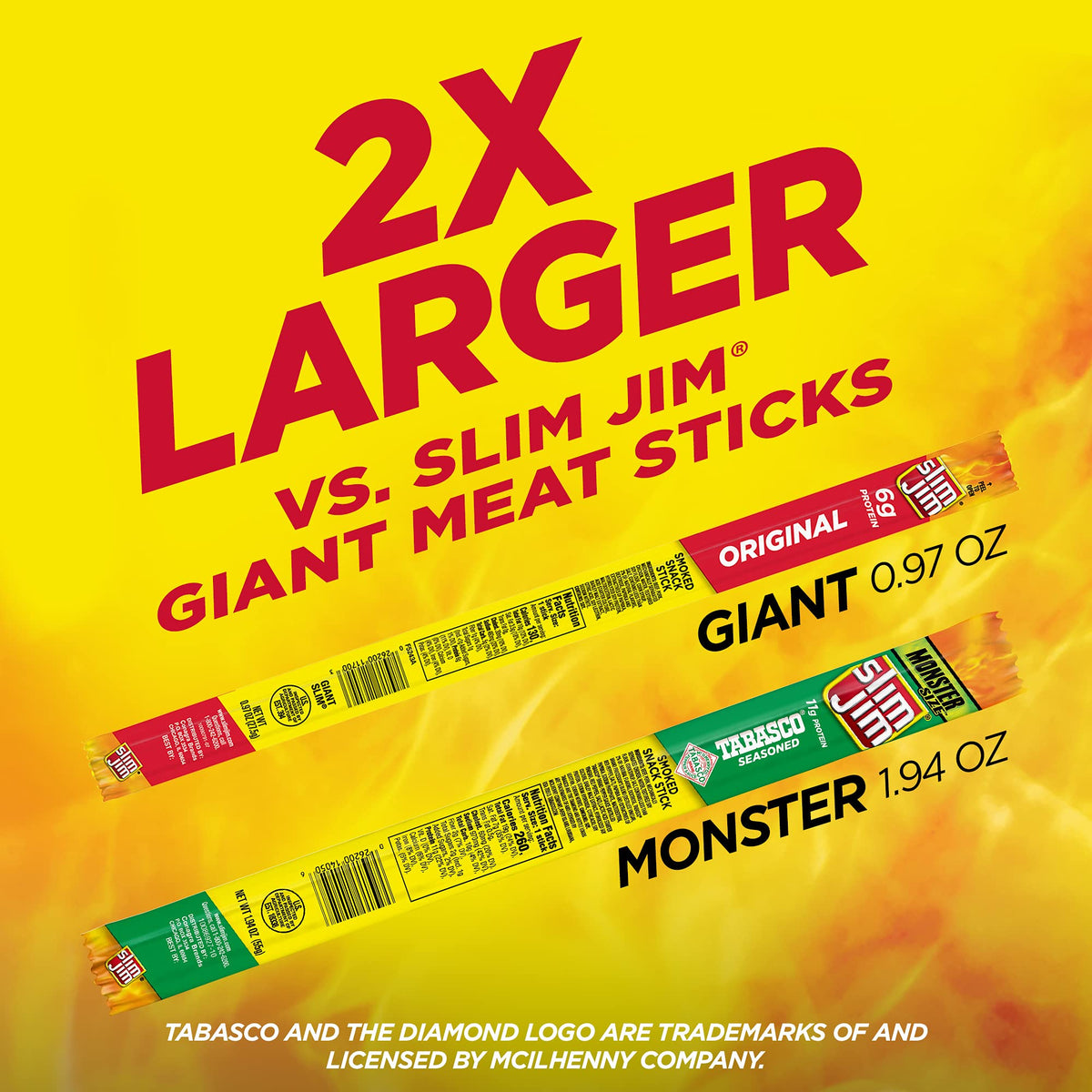 Close-up of Tabasco-flavored Slim Jim Monster sticks with bold, spicy taste