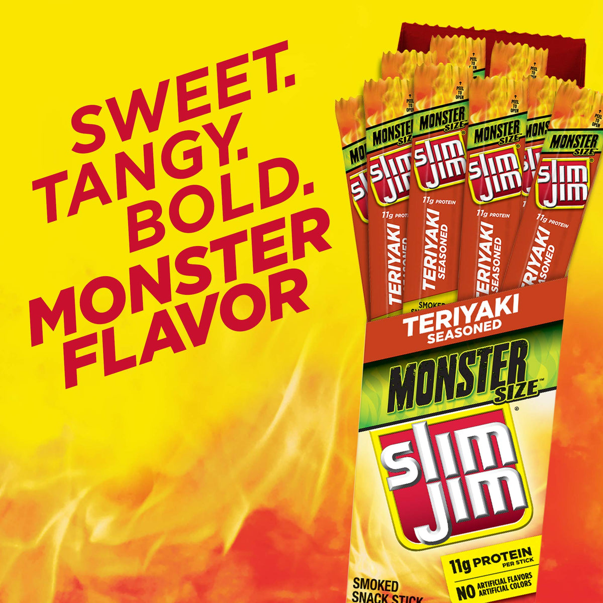 Slim Jim Monster Teriyaki individually wrapped sticks ready to grab