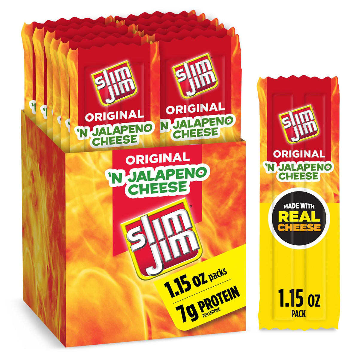 Slim Jim Original Beef Snack Stick with jalapeño cheese, ready-to-eat protein on the go.