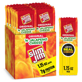 Slim Jim Original Beef Snack Stick with jalapeño cheese, ready-to-eat protein on the go.