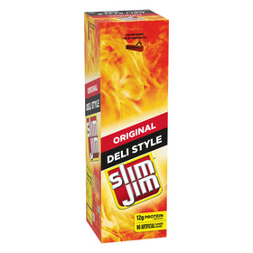 Slim Jim Original Deli-Style smoked sticks close-up highlights beef and pork flavor.