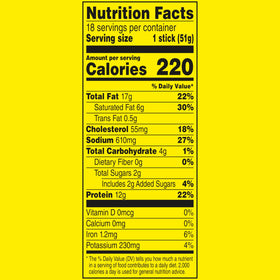 Slim Jim Original Deli-Style sticks nutrition label highlights 14 g protein per serving.