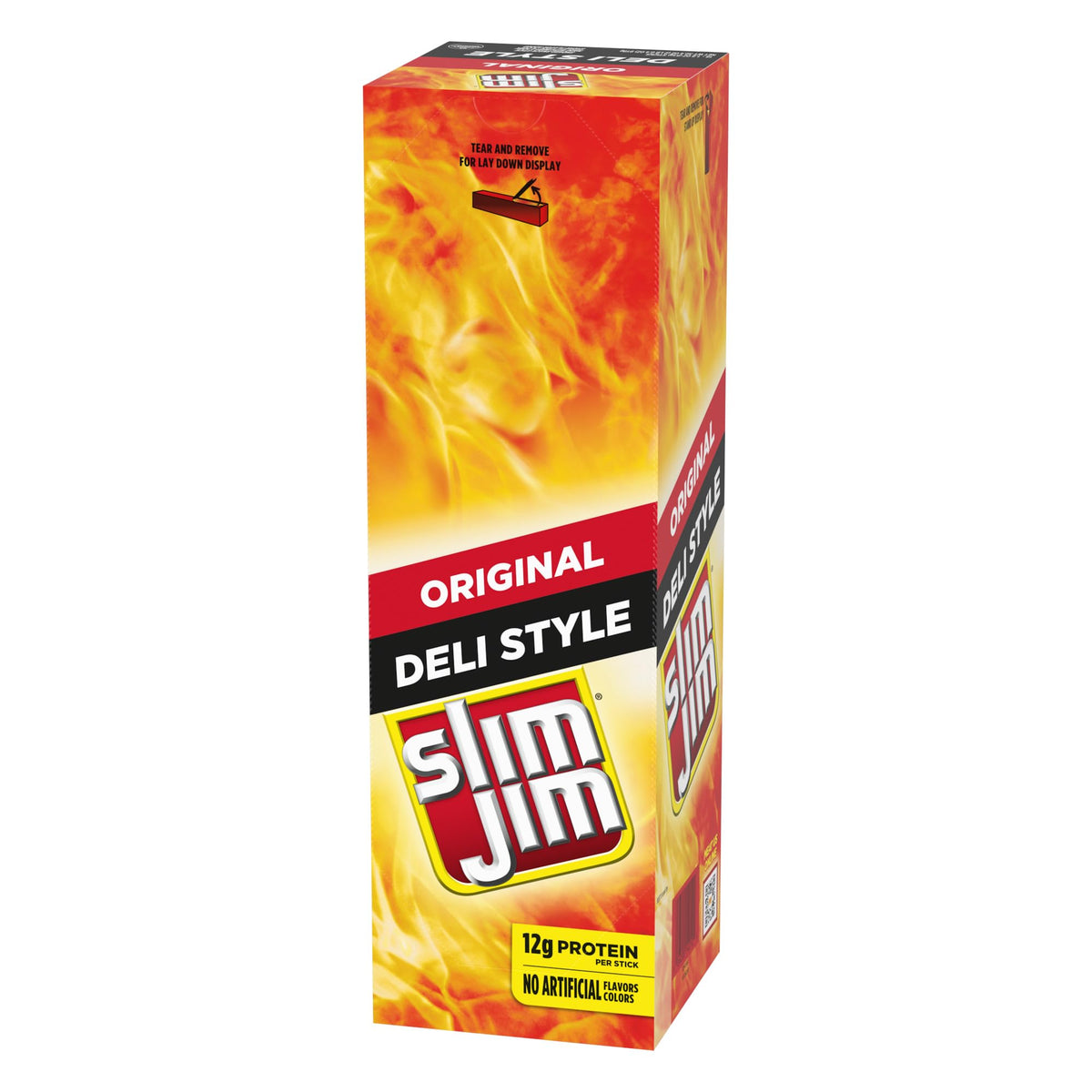 Slim Jim Original Deli-Style smoked sticks on shelf invites quick, portable protein snack.