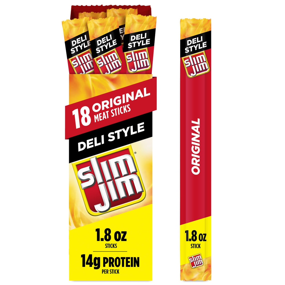Slim Jim Original Deli-Style smoked sticks package shows convenient, individually wrapped high-protein snack.
