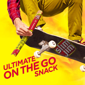 Slim Jim Original smoked meat stick bite, ready for travel or lunchbox.