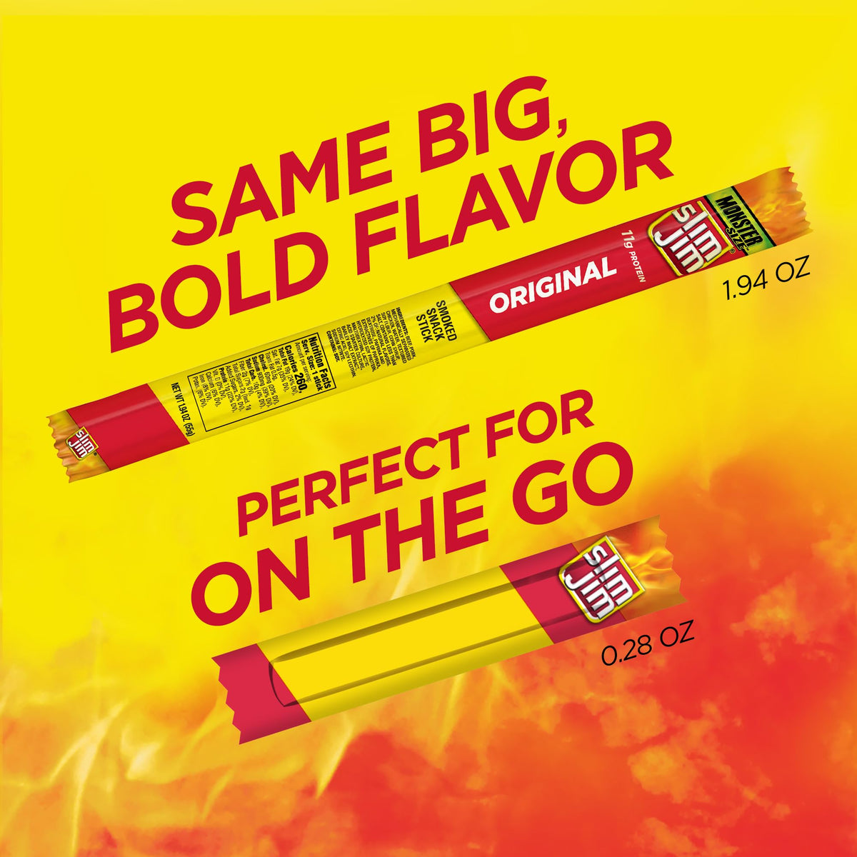 Close-up of Slim Jim Original sticks with bold smoky flavor.