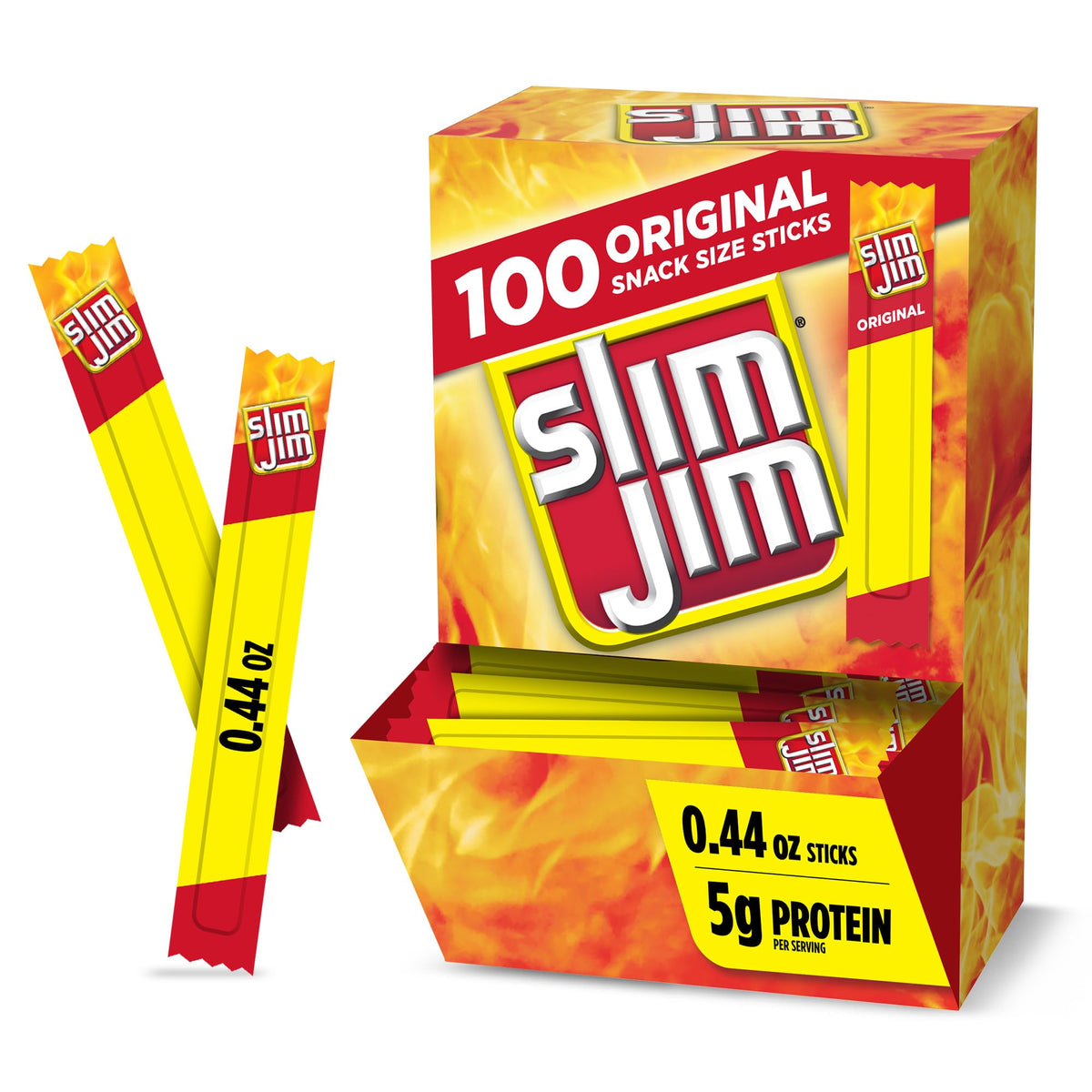 Slim Jim Original smoked meat sticks pack; protein-rich on-the-go snack.