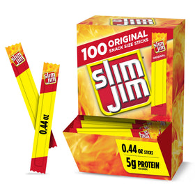 Slim Jim Original smoked meat sticks pack; protein-rich on-the-go snack.