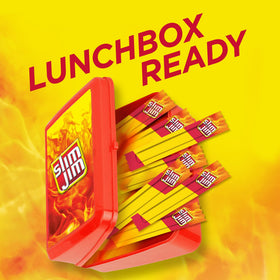 Slim Jim Original Snack Size smoked meat sticks bite shot reveals meaty texture and flavor
