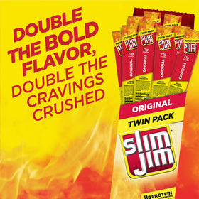 Close-up of Slim Jim Original stick texture, savoring smoky flavor and bite.
