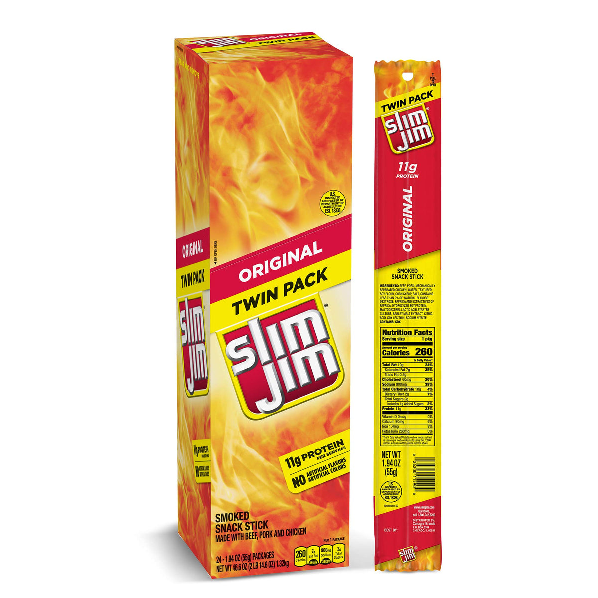 Slim Jim Original Stick twin-pack front view, ideal for on-the-go protein snacking.
