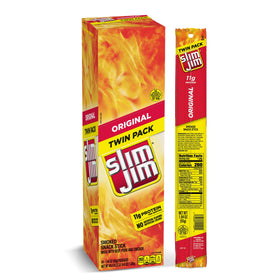 Slim Jim Original Stick twin-pack front view, ideal for on-the-go protein snacking.