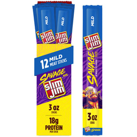 Slim Jim Savage Mild smoked sticks pack shot, convenient 12-count box for on-the-go snacking.