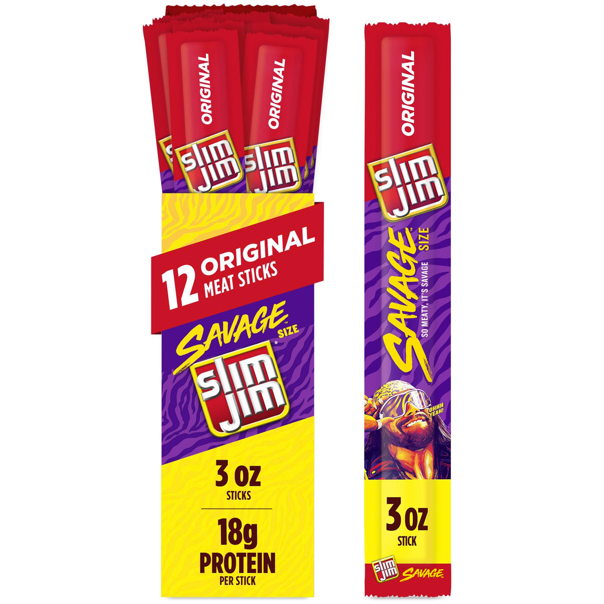 Slim Jim Savage Original 3oz stick packaging ideal for on-the-go snacking.